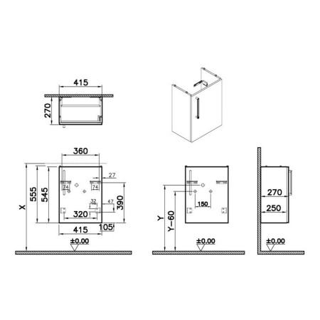67830 VitrA Root Flat 450mm Walnut Right Hand Wall Hung Cloakroom Vanity Unit and Basin Dimensions