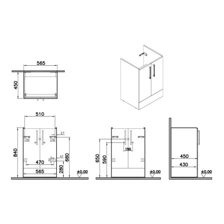 67910 VitrA Root Flat 600mm Walnut Freestanding Two Door Vanity Unit and Basin Dimensions
