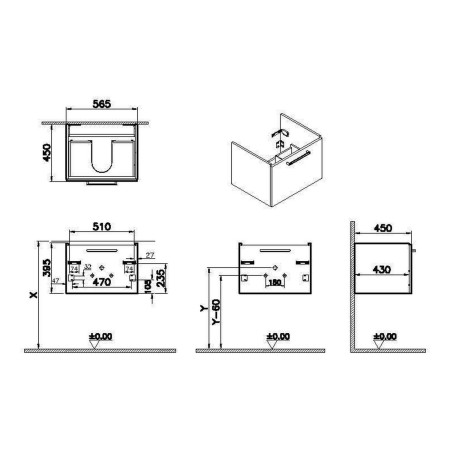 67918 VitrA Root Flat 600mm Matt Dark Blue Wall Hung One Drawer Vanity Unit and Basin Dimensions