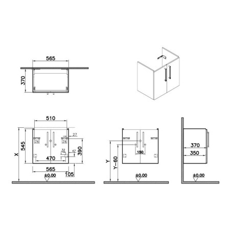 67836 VitrA Root Flat 600mm Matt Rock Grey Wall Hung Two Door Slim Vanity Unit and Basin Dimensions