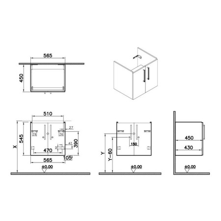 67880 VitrA Root Flat 600mm Walnut Wall Hung Two Door Vanity Unit and Basin Dimensions
