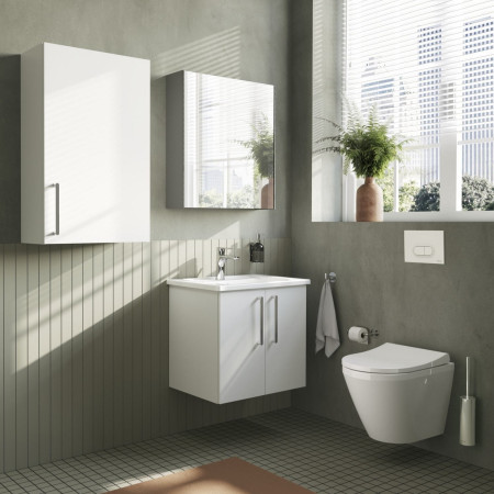 67872 VitrA Root Flat 600mm Gloss White Wall Hung Two Door Vanity Unit and Basin Bathroom Setting