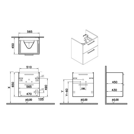 67950 VitrA Root Flat 600mm Walnut Wall Hung Two Drawer Vanity Unit and Basin Dimensions