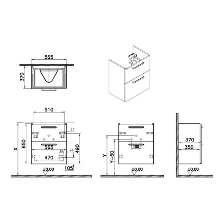 67856 VitrA Root Flat 600mm Matt Rock Grey Wall Hung Two Drawer Slim Vanity Unit and Basin Dimensions