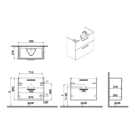 67866 VitrA Root Flat 800mm Matt Rock Grey Wall Hung Two Drawer Slim Vanity Unit and Basin Dimensions