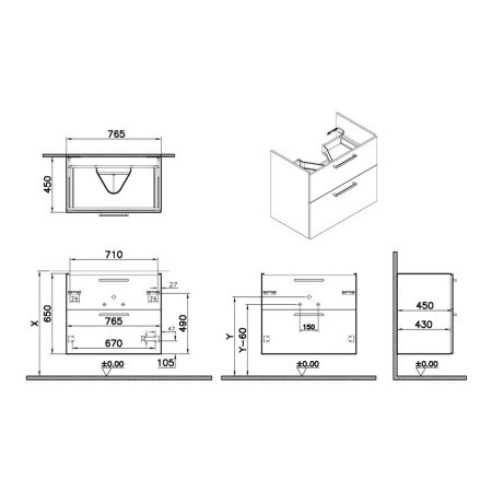 67952 VitrA Root Flat 800mm Gloss White Wall Hung Two Drawer Vanity Unit and Basin Dimensions