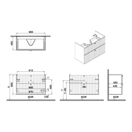69058 VitrA Root Groove 1000mm Matt White Wall Hung Vanity Unit and Basin Dimensions
