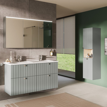 69103 VitrA Root Groove 420mm Matt Fjord Green Wall Hung Storage Unit and Laundry Basket Lifestyle