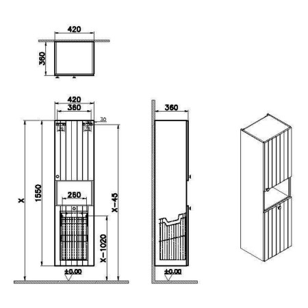 69100 VitrA Root Groove 420mm Matt White Wall Hung Storage Unit and Laundry Basket Dimensions