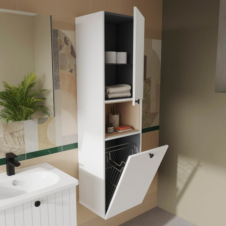 69100 VitrA Root Groove 420mm Matt White Wall Hung Storage Unit and Laundry Basket Open Door View