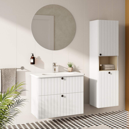 69100 VitrA Root Groove 420mm Matt White Wall Hung Storage Unit and Laundry Basket Bathroom Setting