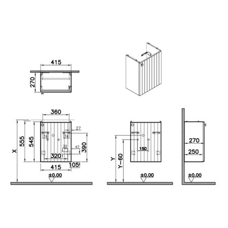 68962 VitrA Root Groove 450mm Matt Grey Wall Hung Right Hand Cloakroom Vanity Unit and Basin Dimensions