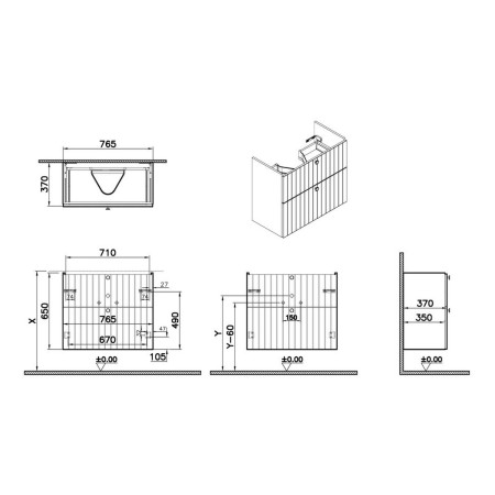 68990 VitrA Root Groove 800mm Matt Grey Wall Hung Slim Vanity Unit and Basin Dimensions