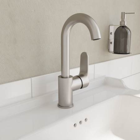 A4275434EXP VitrA Root Round Brushed Nickel Swivel Spout Basin Mixer Lifestyle