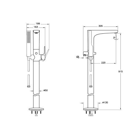 A4274174EXP VitrA Root Round Soft Gold Freestanding Bath Shower Mixer Dimensions