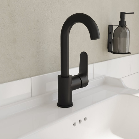 A4275436EXP VitrA Root Round Matt Black Swivel Spout Basin Mixer Lifestyle