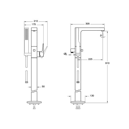 A4276029EXP VitrA Root Square Soft Copper Freestanding Bath Shower Mixer Dimensions
