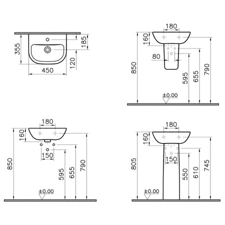 5500L003-0999 VitrA S20 450mm 1TH Wall Hung Basin Dimensions