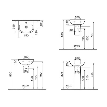 5500L003-0022 VitrA S20 450mm 2TH Wall Hung Basin Dimensions