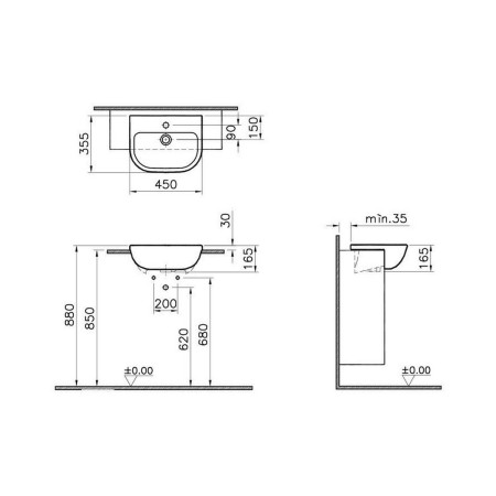 5521B003-0001 VitrA S20 450mm Compact 1TH Semi Recessed Basin Dimensions