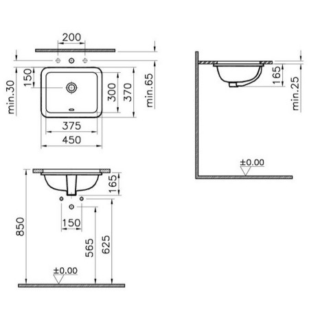 5473B003-0618 VitrA S20 450mm Square 0TH Undercounter Basin Dimensions