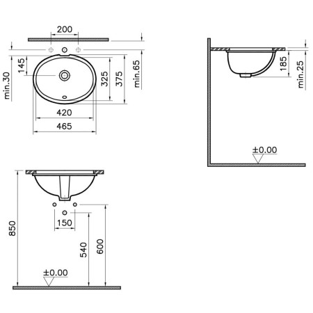 6039B003-0012 VitrA S20 470mm Oval 0TH Undercounter Basin Dimensions