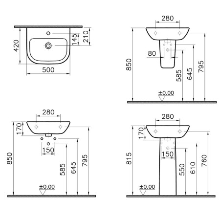 5501L003-0999 VitrA S20 500mm 1TH Wall Hung Basin Dimensions