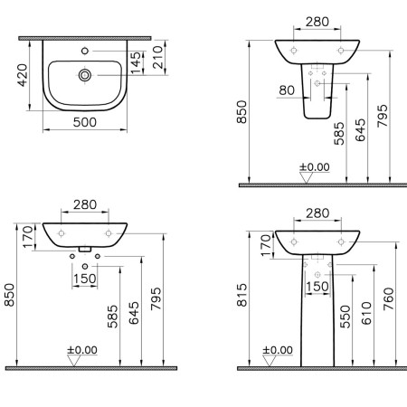 5501L003-0022 VitrA S20 500mm 2TH Wall Hung Basin Dimensions