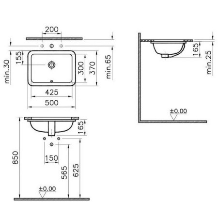 5474B003-0618 VitrA S20 500mm Square 0TH Undercounter Basin Dimensions