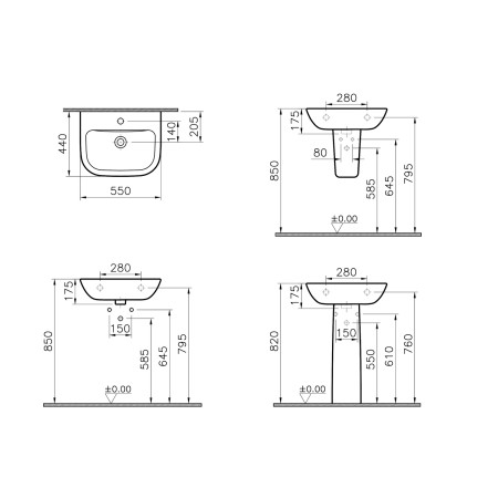 5502L003-0999 VitrA S20 550mm 1TH Wall Hung Basin Dimensions