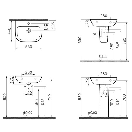 5502L003-0022 VitrA S20 550mm 2TH Wall Hung Basin Dimensions
