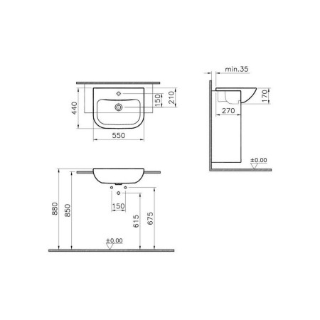 5524B003-0001 VitrA S20 550mm Compact 1TH Semi Recessed Basin Dimensions