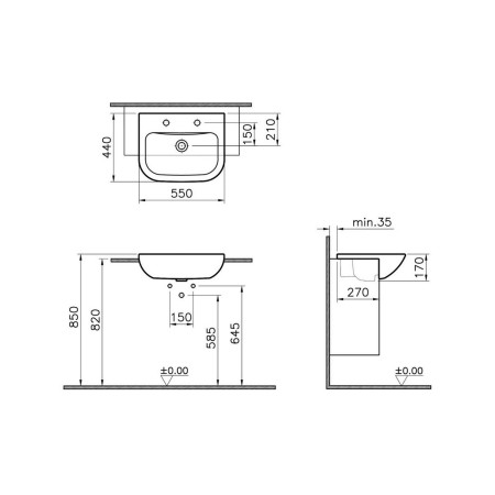 5524B003-0022 VitrA S20 550mm Compact 2TH Semi Recessed Basin Dimensions
