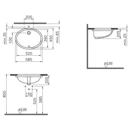 6069B003-0012 VitrA S20 580mm Oval 0TH Undercounter Basin Dimensions