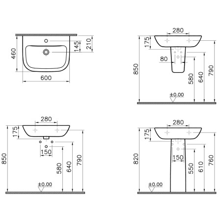 5503L003-0999 VitrA S20 600mm 1TH Wall Hung Basin Dimensions
