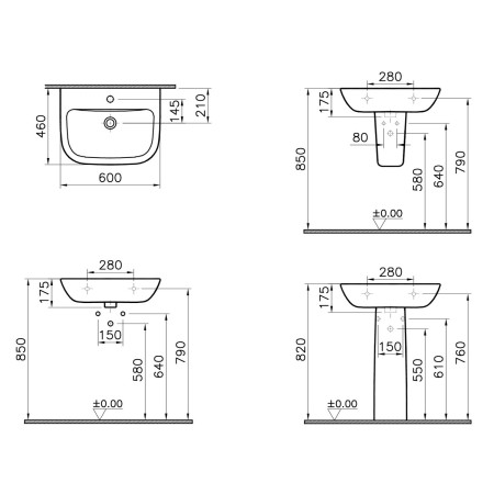 5503L003-0022 VitrA S20 600mm 2TH Wall Hung Basin Dimensions