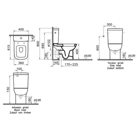5513L003-0075 VitrA S20 Close Coupled Open Back WC Pan and Seat Dimensions
