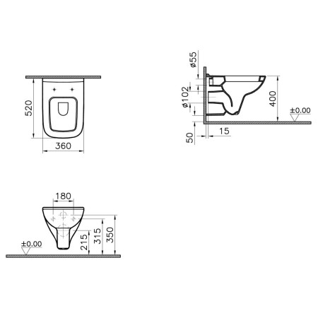 5507L003-0101 VitrA S20 Wall Hung Square Box Rim WC Pan and Seat Dimensions