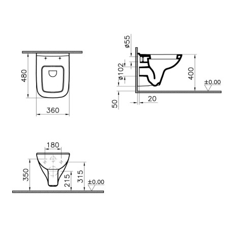 5505L003-0101 VitrA S20 Wall Hung Square Short Projection Box Rim WC Pan and Seat Dimensions