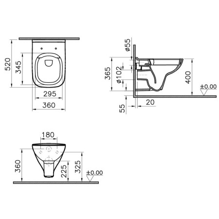 7508L003-0075 VitrA S20 Wall Hung Square SmoothFlush WC Pan and Seat Dimensions