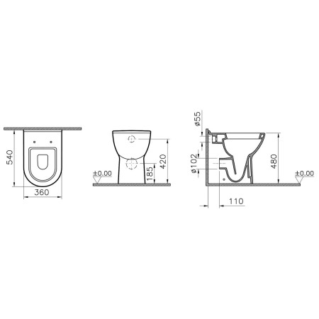 5369L003-0075 VitrA S50 Round Comfort Height Back to Wall WC Pan and Seat Dimensions