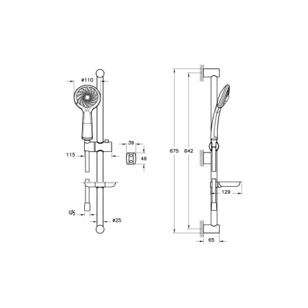 A45680WSA VitrA Samba Chrome Slide Rail Kit and Three Function Handset Dimensions
