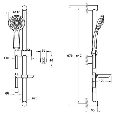 A49260VUK VitrA Samba Chrome Thermostatic Shower Mixer and Slide Rail Kit Dimensions