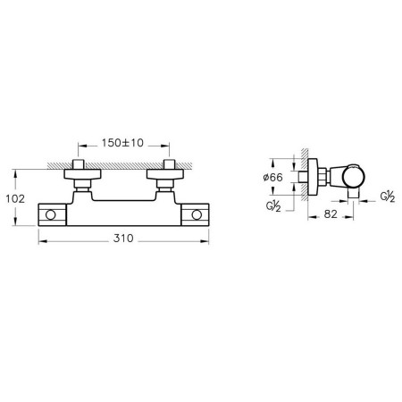 A49260 VitrA Samba Chrome Thermostatic Shower Mixer and Slide Rail Kit Bar Valve Dimensions