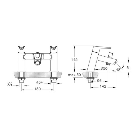 A42417VUK VitrA Solid S 2TH Bath Shower Mixer in Chrome Dimensions