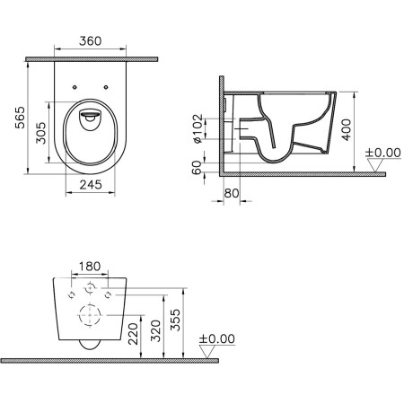 7870B403-0075 VitrA Sonic Flush Wall Hung WC Pan and Seat Dimensions