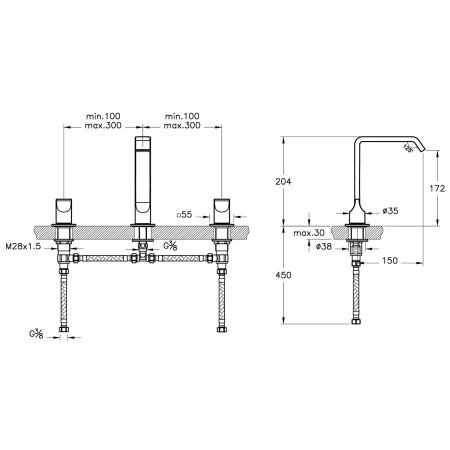 A42784 VitrA Suit Deck Mounted 3TH Basin Mixer in Chrome Dimensions