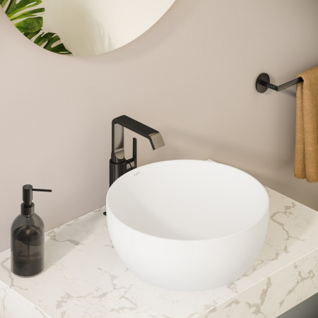 A4276539 VitrA Suit Tall Basin Mixer with Side Handle in Gloss Black with Countertop Basin
