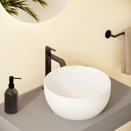 A4281439 VitrA Suit Tall Basin Mixer with Top Handle in Gloss Black Bathroom Setting