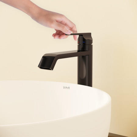 A4281439 VitrA Suit Tall Basin Mixer with Top Handle in Gloss Black Front View